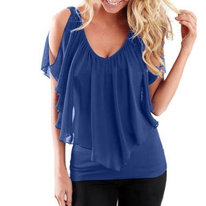 Blue Sleeveless Ruffle Off-Open-Cold-Shoulder Top